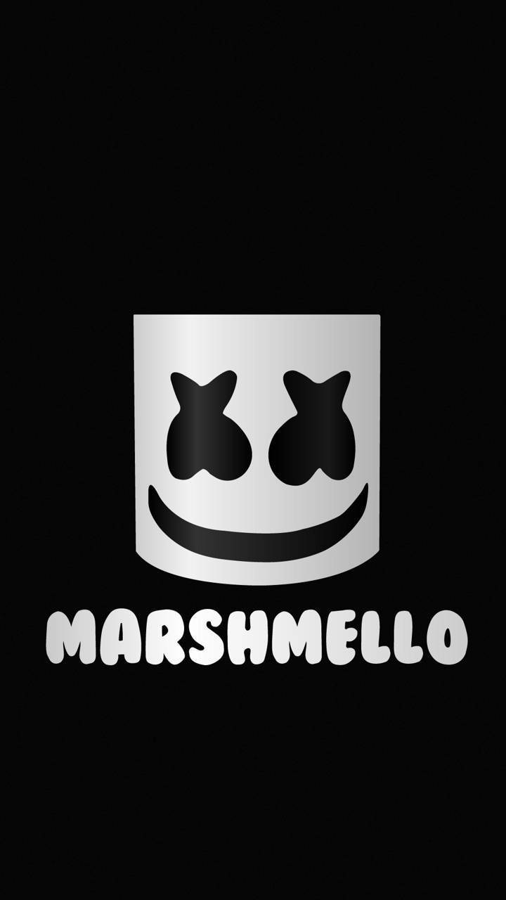 Marshmallow Dj 桌布 壁紙 — 極簡黑色背景上有一個銀色棉花糖頭盔，帶有黑色眼睛和微笑，下方有MARSHMELLO字樣。