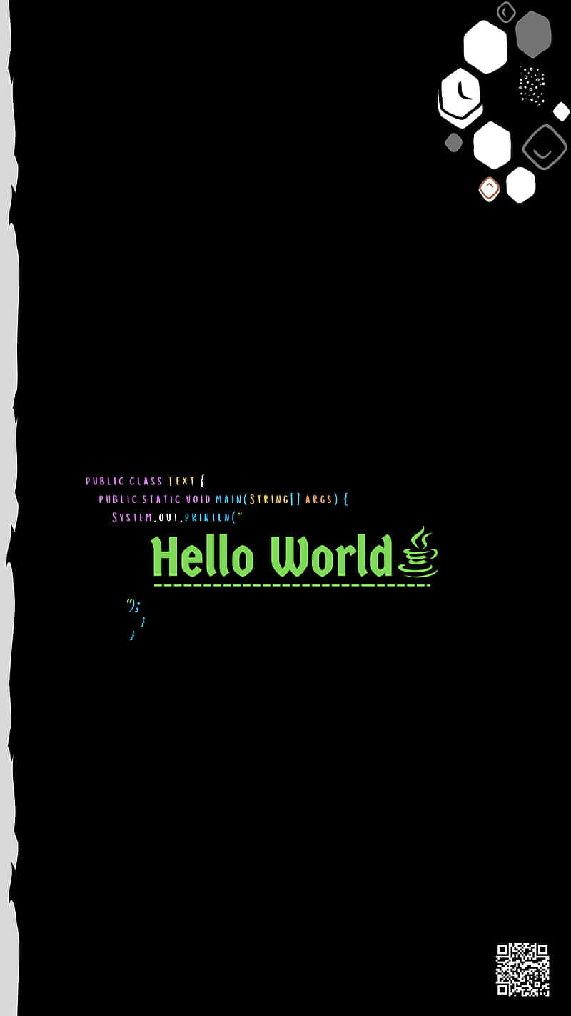 程式設計 桌布 壁紙 — 極簡黑色背景上顯示綠色「Hello World」Java 程式碼，帶有咖啡杯圖示和角落的抽象白色幾何形狀。