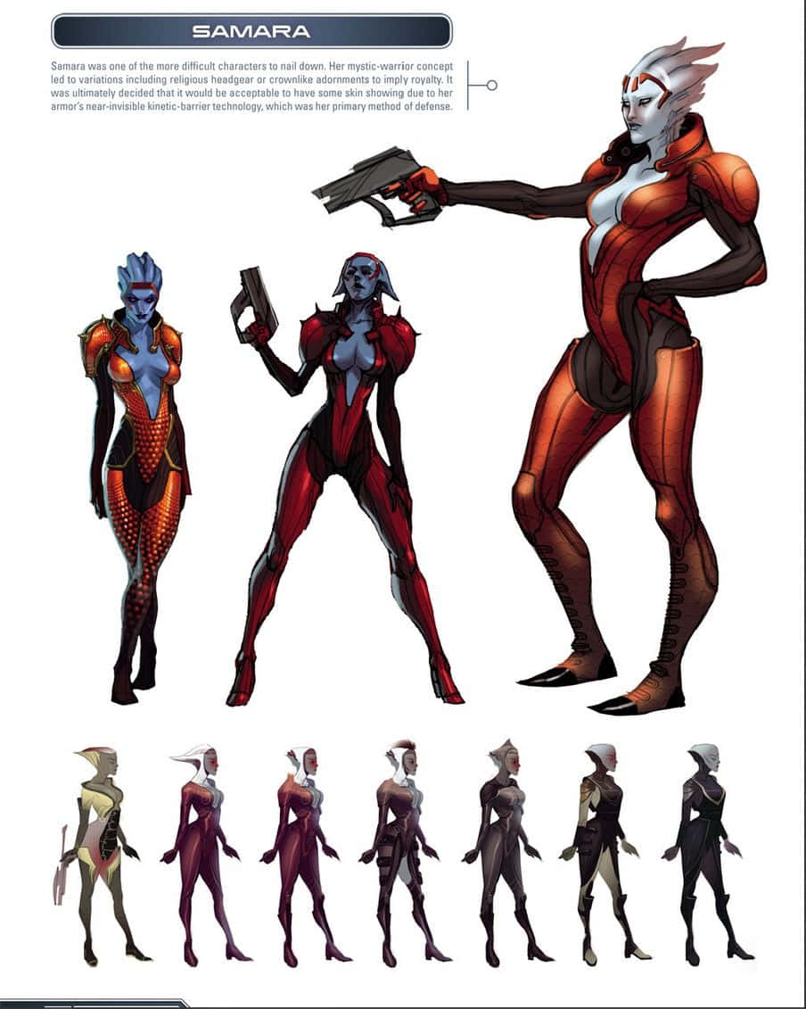 Mass Effect Samara 桌布 壁紙 — 概念藝術圖紙，展示角色Samara的多個插圖設計，身著未來主義盔甲，採用紅色和藍色配色方案。