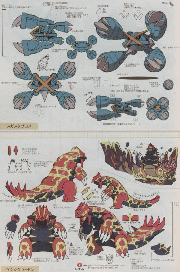 Metagross 桌布 壁紙 — 概念藝術圖紙，展示詳細的機械和有機怪物設計，附有日文註解和顏色分解。