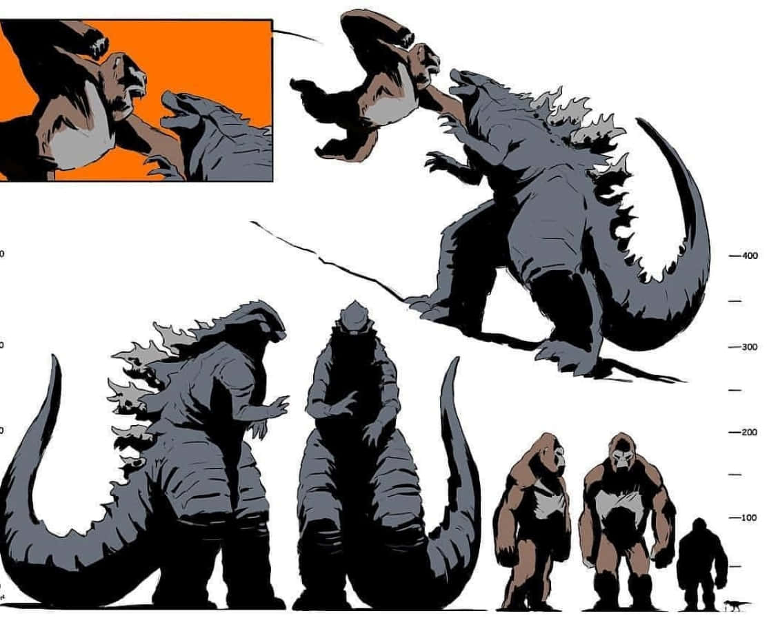 Monsterverse 桌布 壁紙 — 概念藝術比較哥吉拉與金剛的大小，包含動態動作姿勢和比例標記。