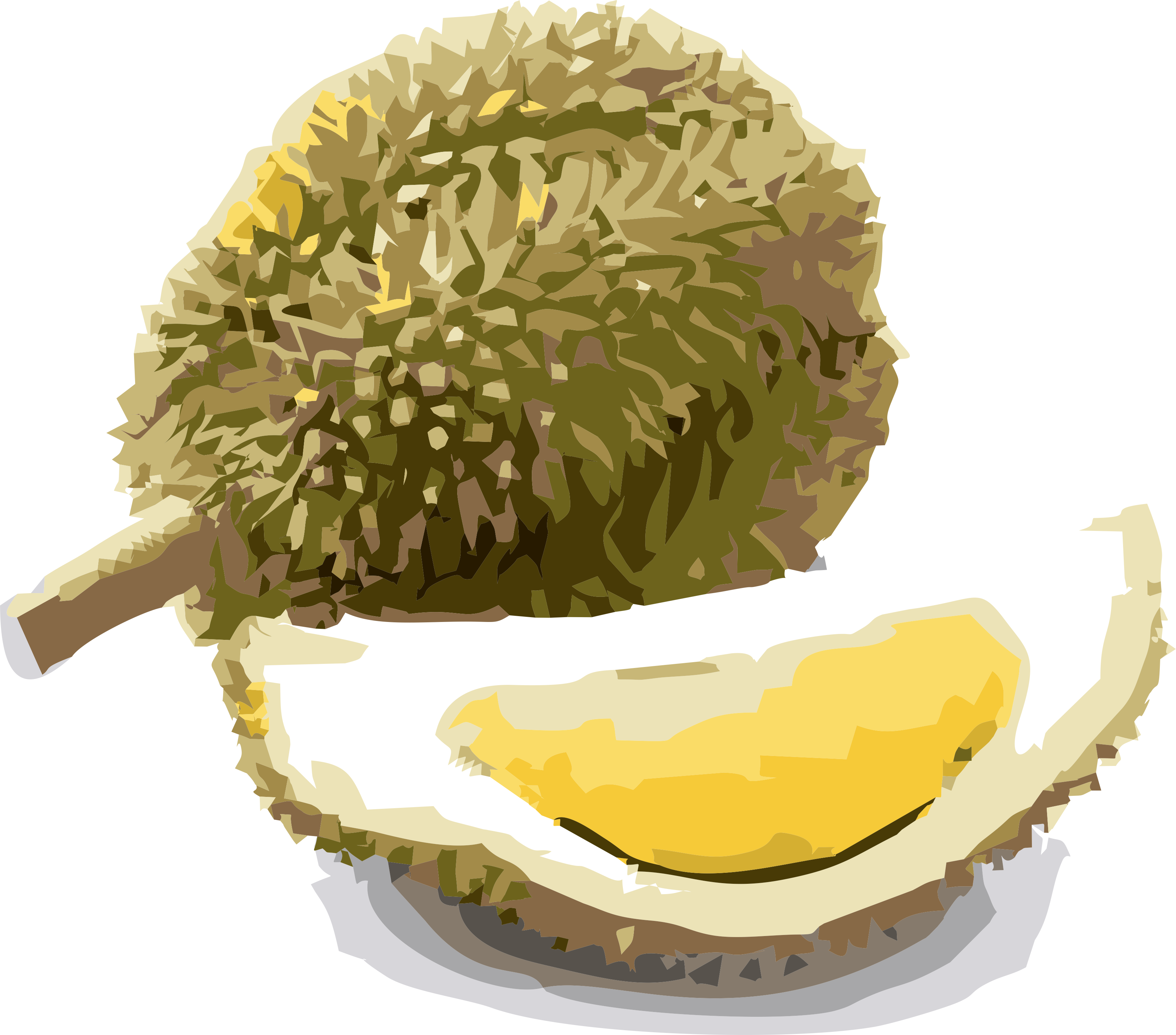 Durian 桌布 壁紙 — 榴槤果實的風格化插圖，展示其帶刺的外殼和奶油般的黃色果肉。
