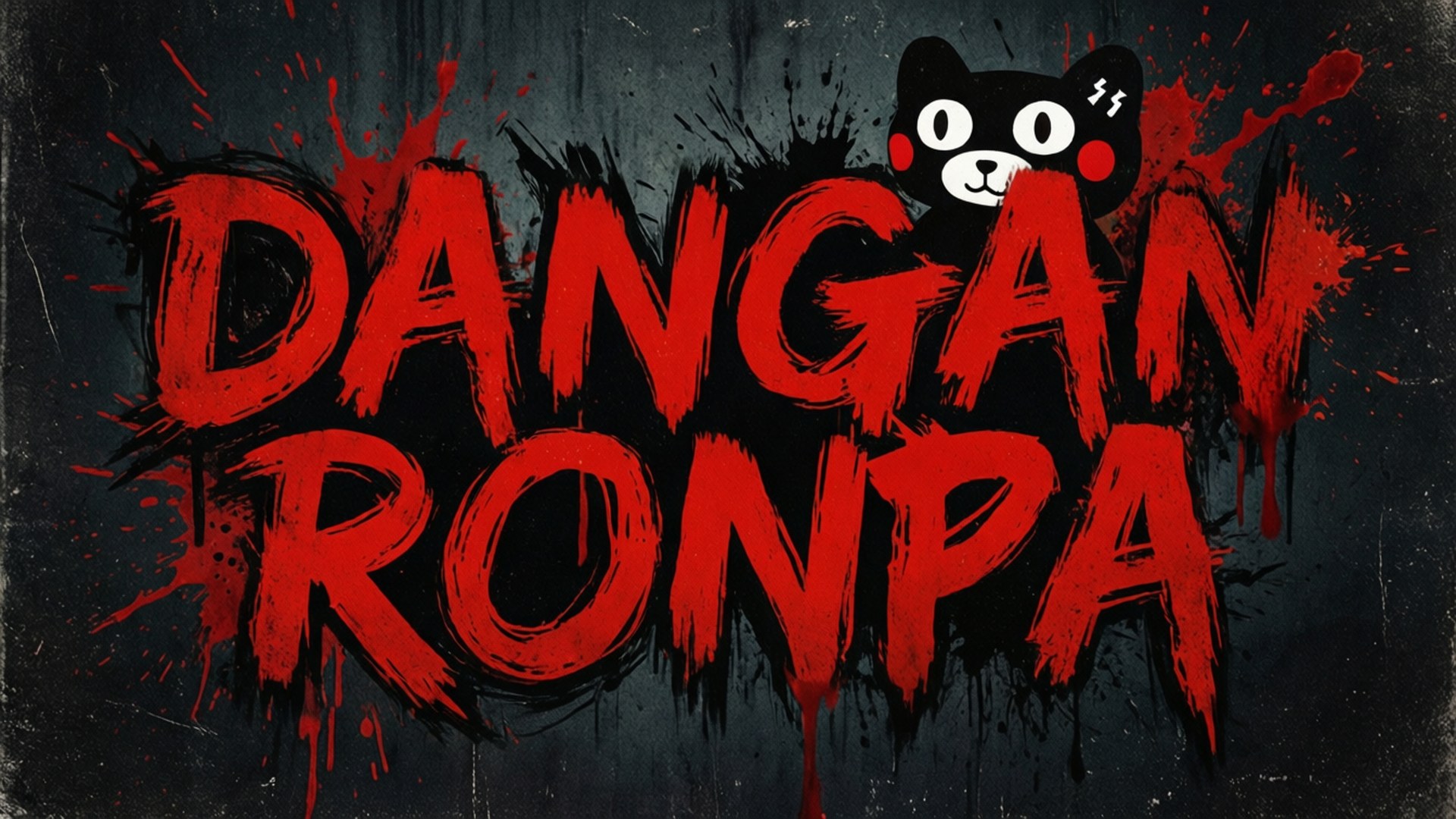 槍彈辯駁標題 壁紙 — 大膽的紅色塗鴉風格文字寫著「Dangan Ronpa」，背景為深色紋理，一隻卡通貓從後面探出頭來。
