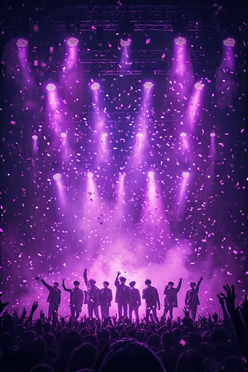 BTS Concert Stage Wallpaper with Purple Lights and Performer Silhouettes 壁紙 — 樂團在舞台上呈現剪影，在充滿活力的紫色聚光燈下，五彩紙屑如雨般落在熱情的觀眾身上。