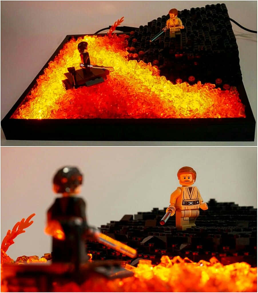 Lego Art 桌布 壁紙 — 樂高星際大戰人偶站在黑色底板上，旁邊有發光的橙色熔岩狀LED燈。
