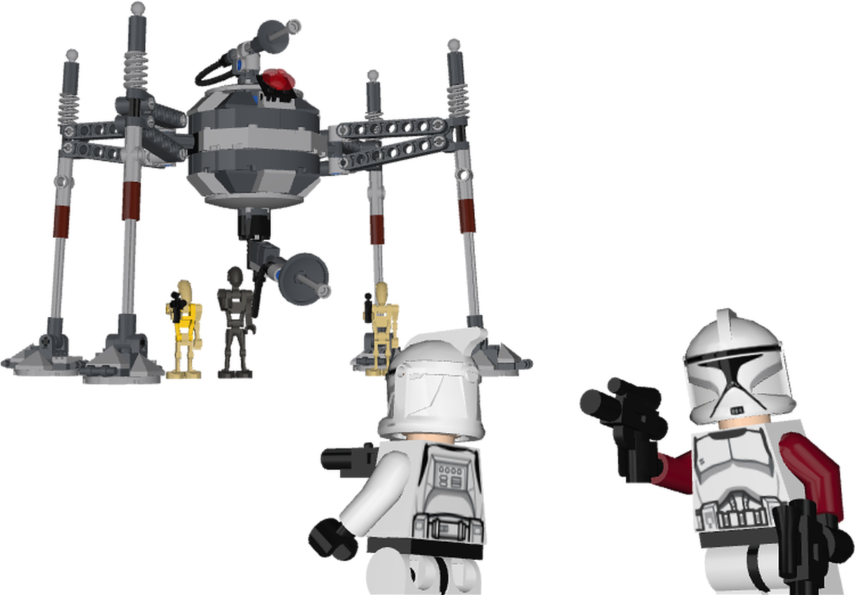 Droid 桌布 壁紙 — 樂高星際大戰的複製人士兵和機器人站在黑色背景前的樂高AT-AT步行機前。