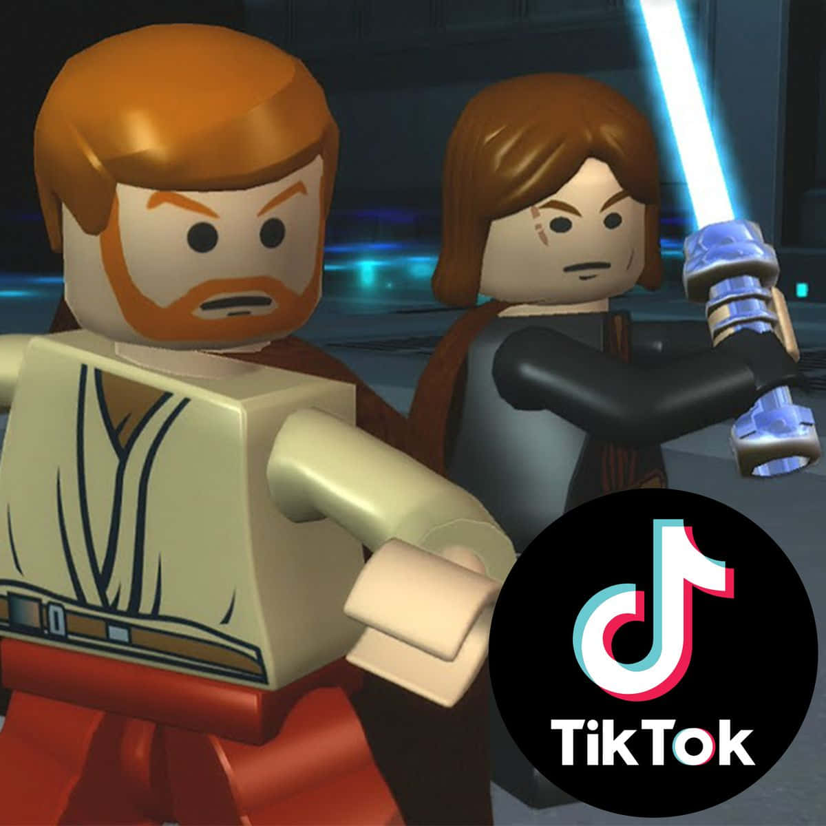 星際大戰 桌布 壁紙 — 樂高星際大戰角色 Obi-Wan 和 Anakin 在數位遊戲場景中手持光劍準備就緒。