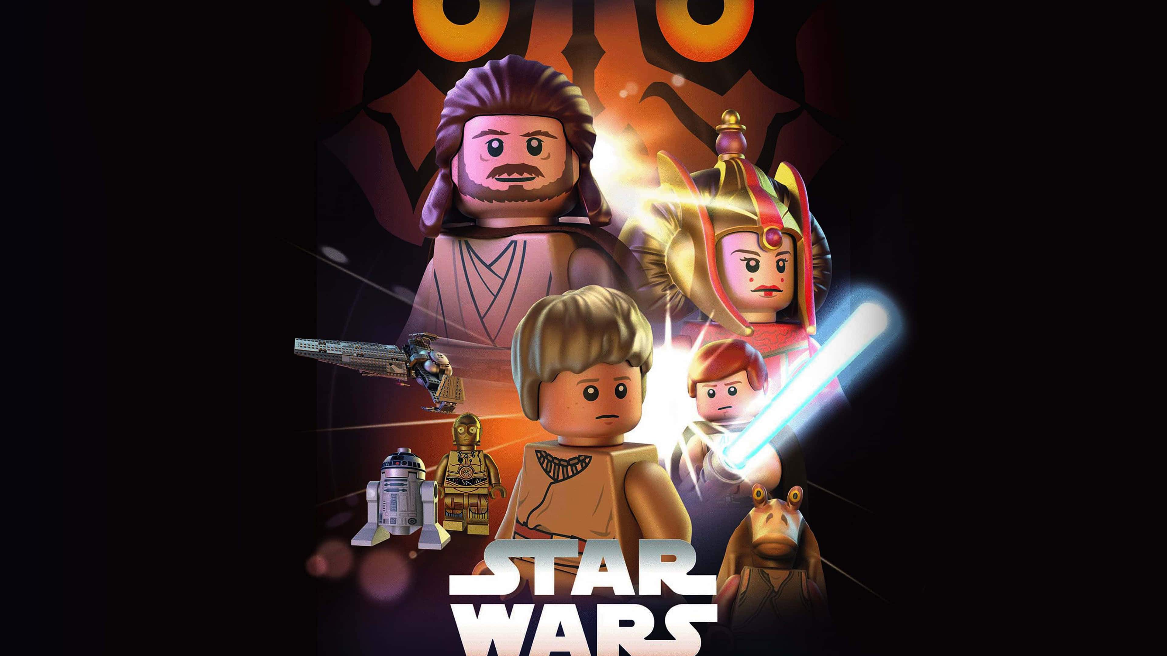 Qui-gon Jinn 桌布 壁紙 — 樂高星際大戰角色，包括Luke、Leia和Rey，在黑暗背景上英勇站立，上方有發光的光劍和不祥的眼睛。