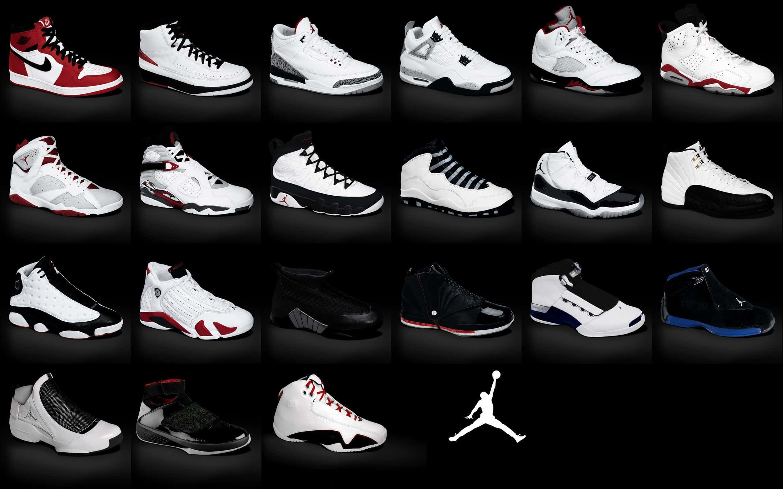 Jordan 桌布 壁紙 — 標誌性 Jordan 運動鞋網格，以白色、黑色、紅色和藍色呈現，搭配鮮明的黑色背景和 Jumpman 標誌。
