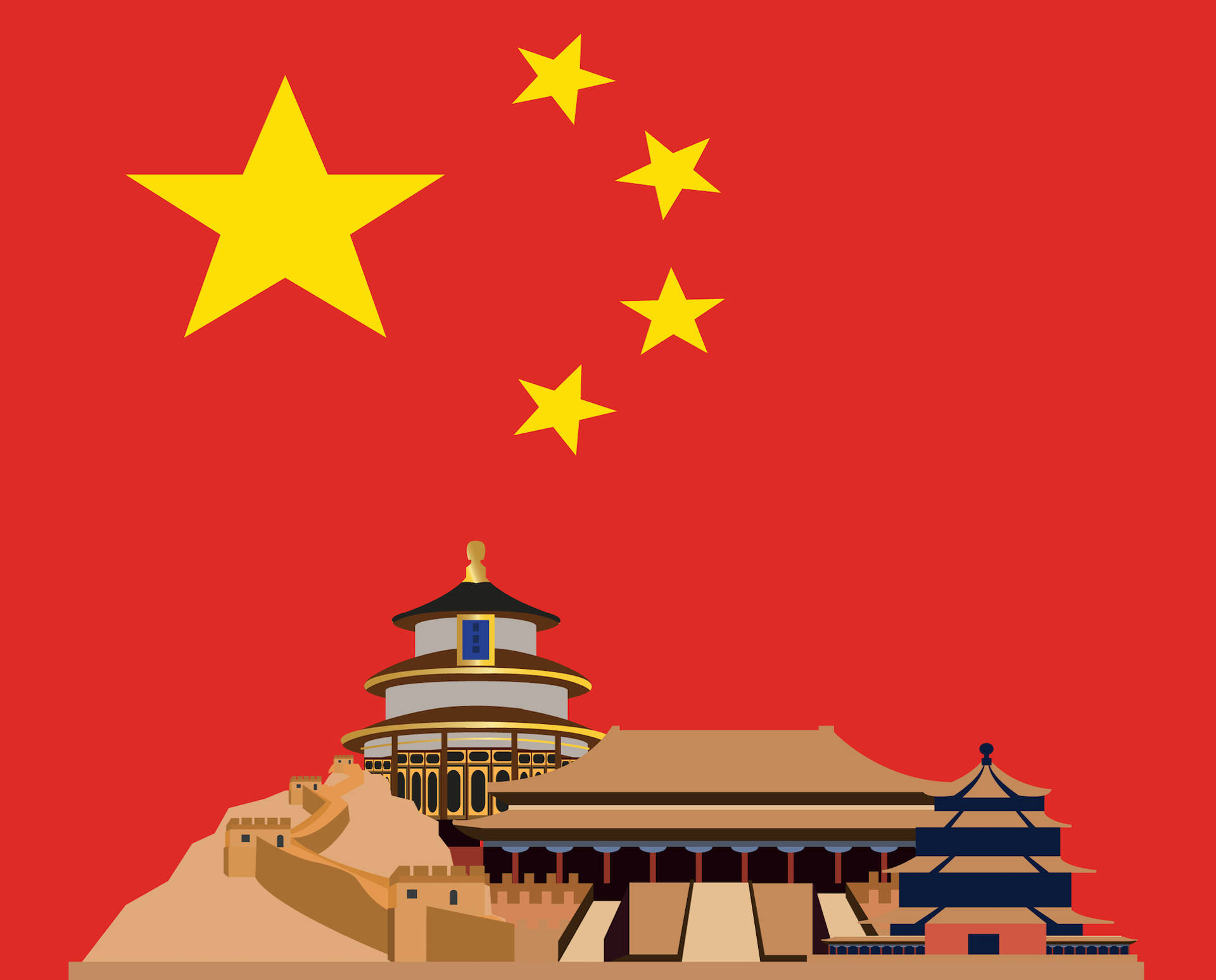 以國旗為背景的中國文化地標。