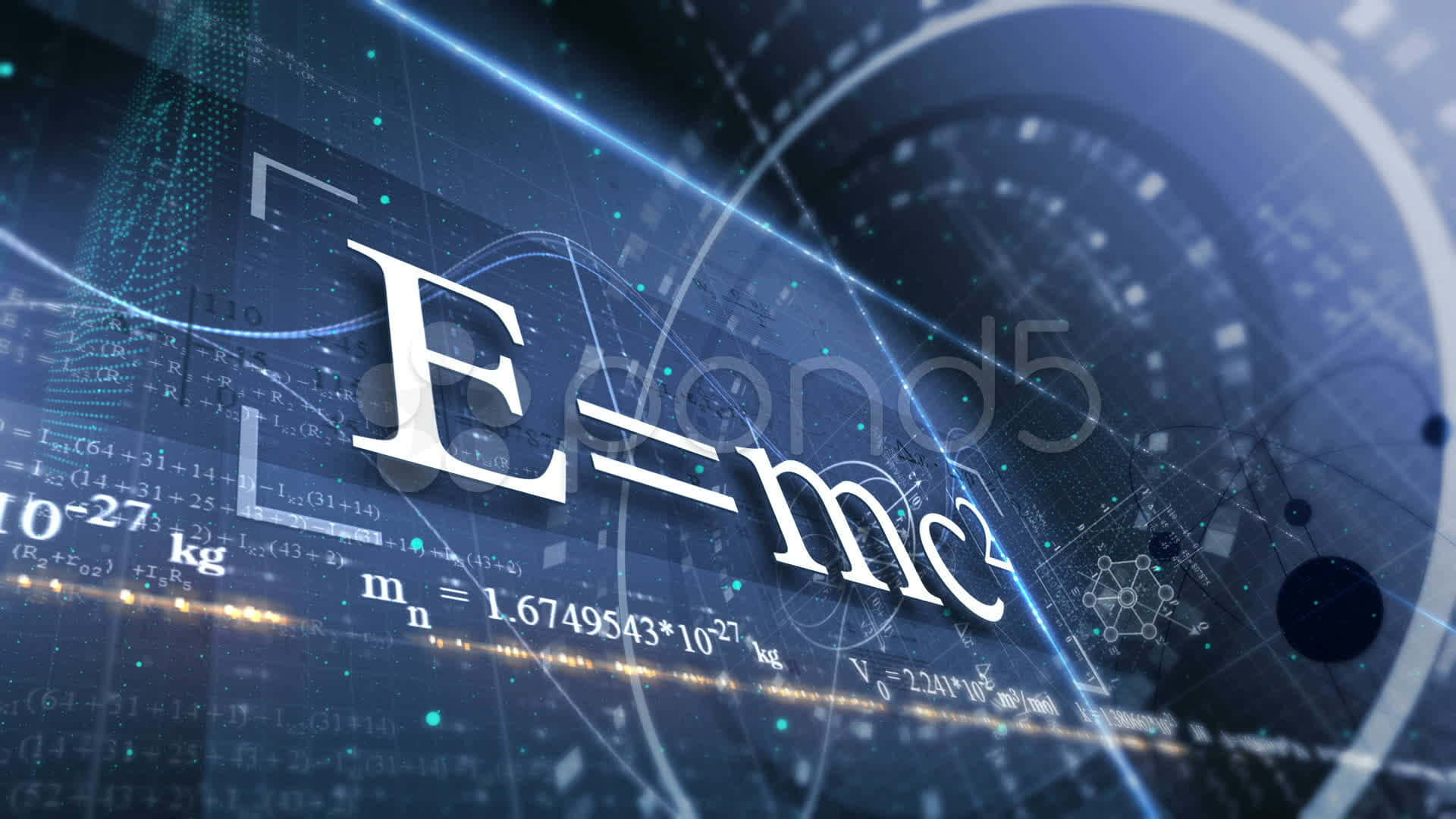 Light 桌布 壁紙 — 標誌性方程式 E=mc² 在充滿浮動數學公式和發光電路線的深藍色數位背景上發出白色光芒。