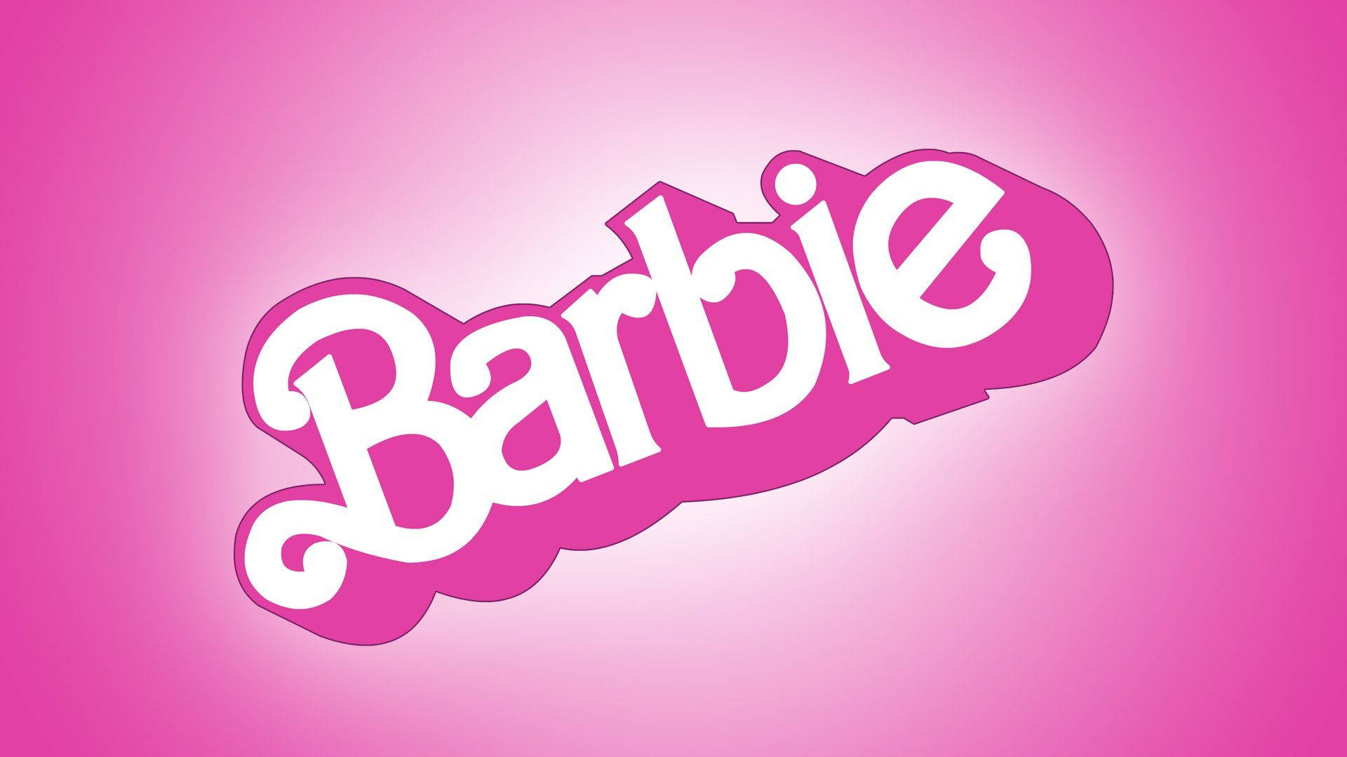 品牌 桌布 壁紙 — 標誌性的 Barbie 標誌以粗體白色字體和粉紅色陰影在漸變粉紅色背景上發光。