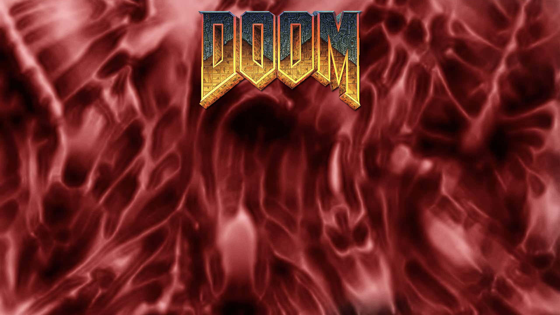 電玩遊戲 桌布 壁紙 — 標誌性的 DOOM 標誌在旋轉的深紅色地獄背景下閃耀著金屬金色和藍色。