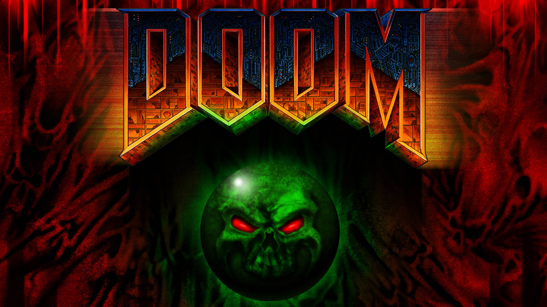 Doom 4K 桌布 壁紙 — 標誌性的 DOOM 標誌在熾熱邊緣發光，位於一個帶有紅色眼睛的威脅性綠色骷髏上方，背景是地獄般的紅色和黑色。