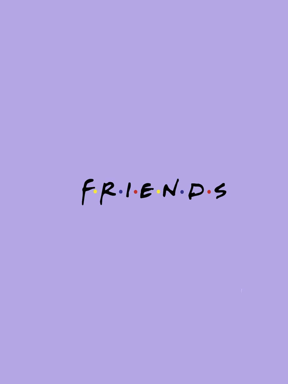 手機 桌布 壁紙 — 標誌性的 Friends 標誌以黑色手寫字體和彩色圓點居中放置在純薰衣草色背景上。