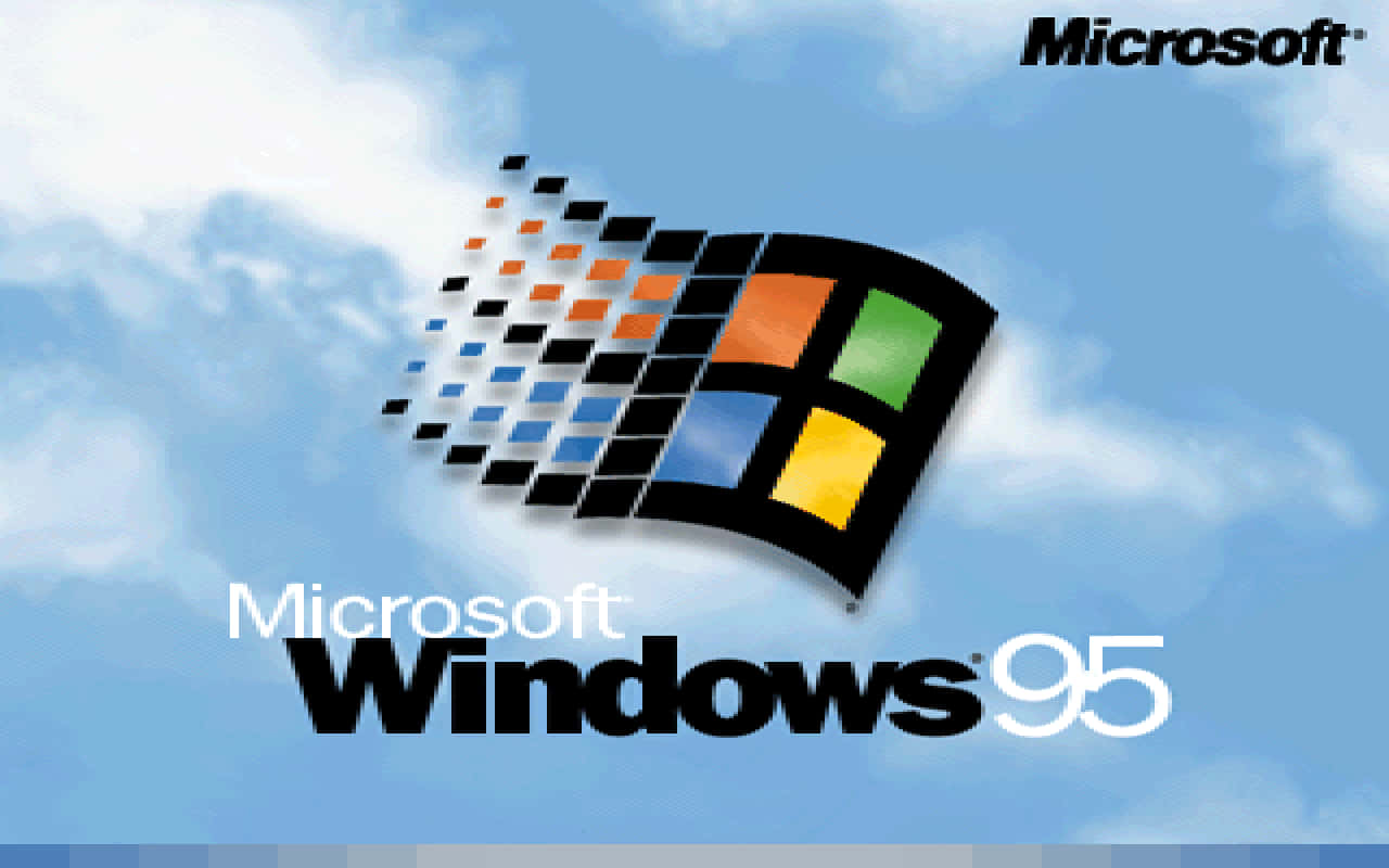 Windows 95 動態圖 桌布 壁紙 — 標誌性的 Microsoft Windows 95 標誌，其色彩繽紛的四窗格設計和像素化軌跡，漂浮在明亮的藍天和白雲之上。