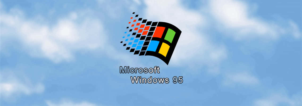 Windows 95 動態圖 桌布 壁紙 — 標誌性的 Microsoft Windows 95 標誌漂浮在明亮的藍天和蓬鬆的白雲之間。