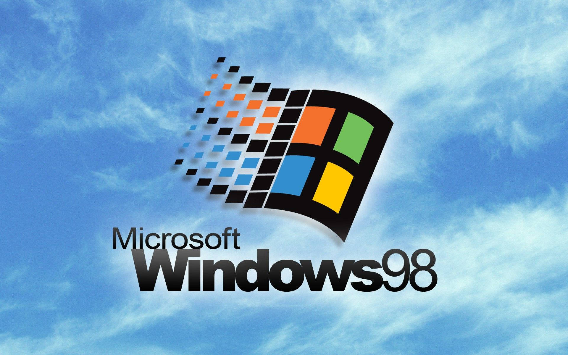 Windows 10 桌布 壁紙 — 標誌性的 Microsoft Windows 98 標誌漂浮在明亮的藍天和白雲之間。