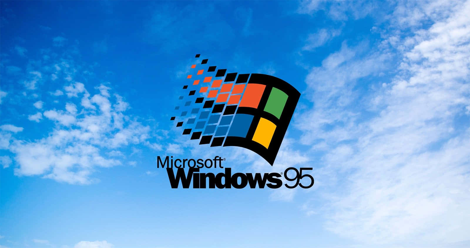 Windows 95 動態圖 桌布 壁紙 — 標誌性的 Windows 95 標誌，其色彩繽紛的像素化窗口設計，漂浮在明亮的藍天和白雲之間。
