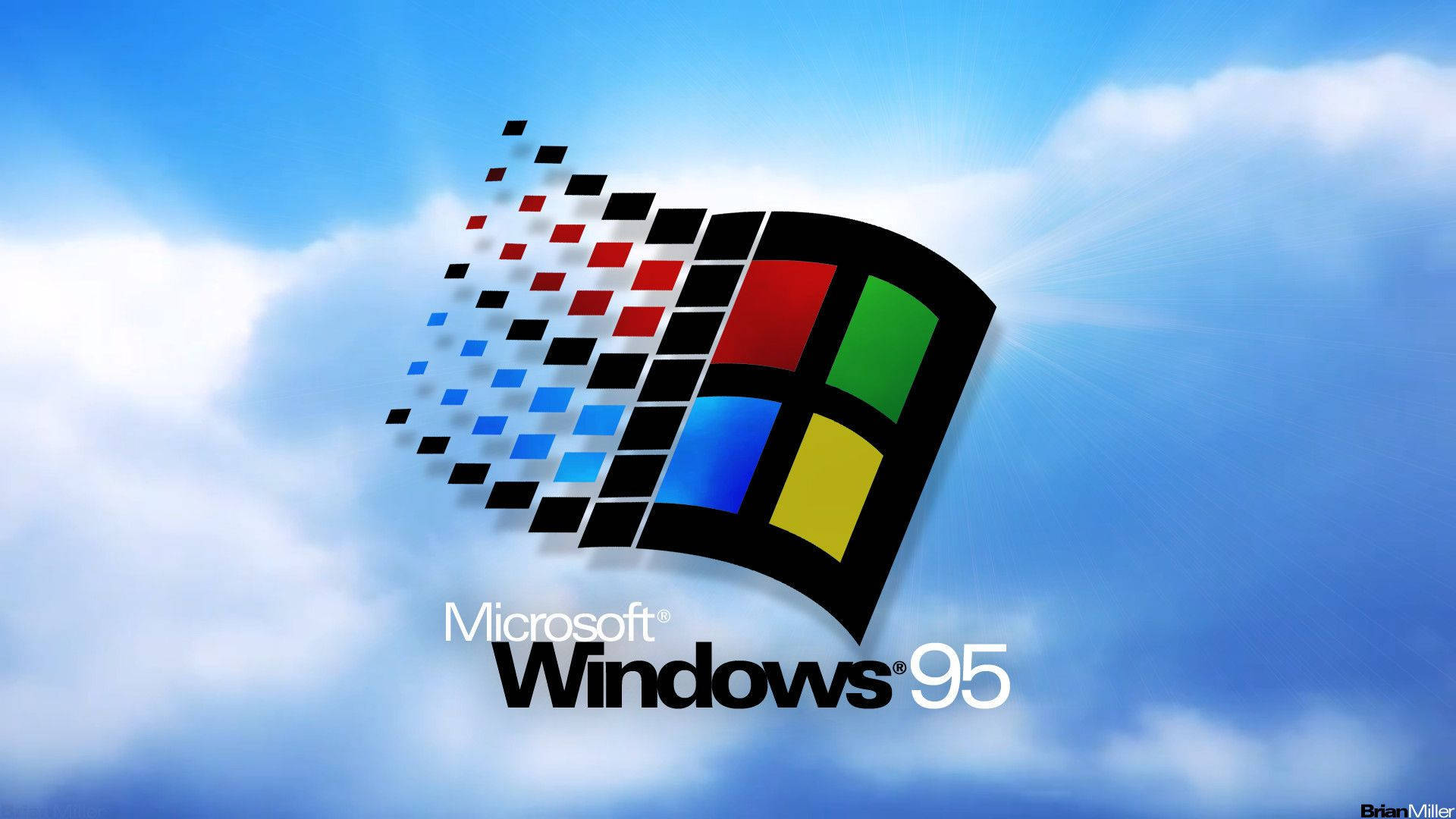 Windows 桌布 壁紙 — 標誌性的 Windows 95 標誌，其色彩繽紛的四窗格設計和像素化軌跡，漂浮在明亮的藍天和蓬鬆的白雲之上。