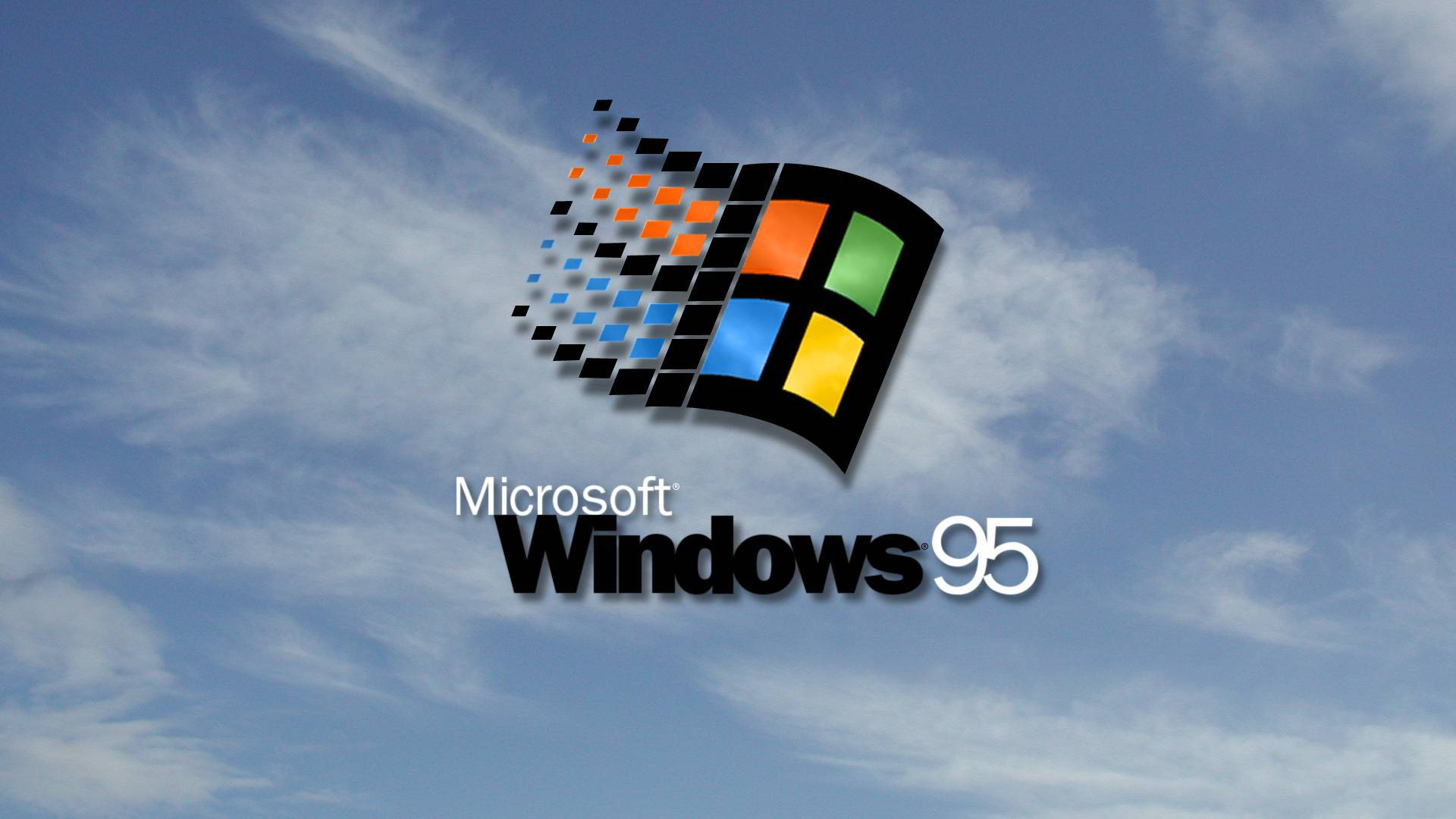 Windows 95 動態圖 桌布 壁紙 — 標誌性的 Windows 95 標誌漂浮在明亮的藍天和白雲之間。