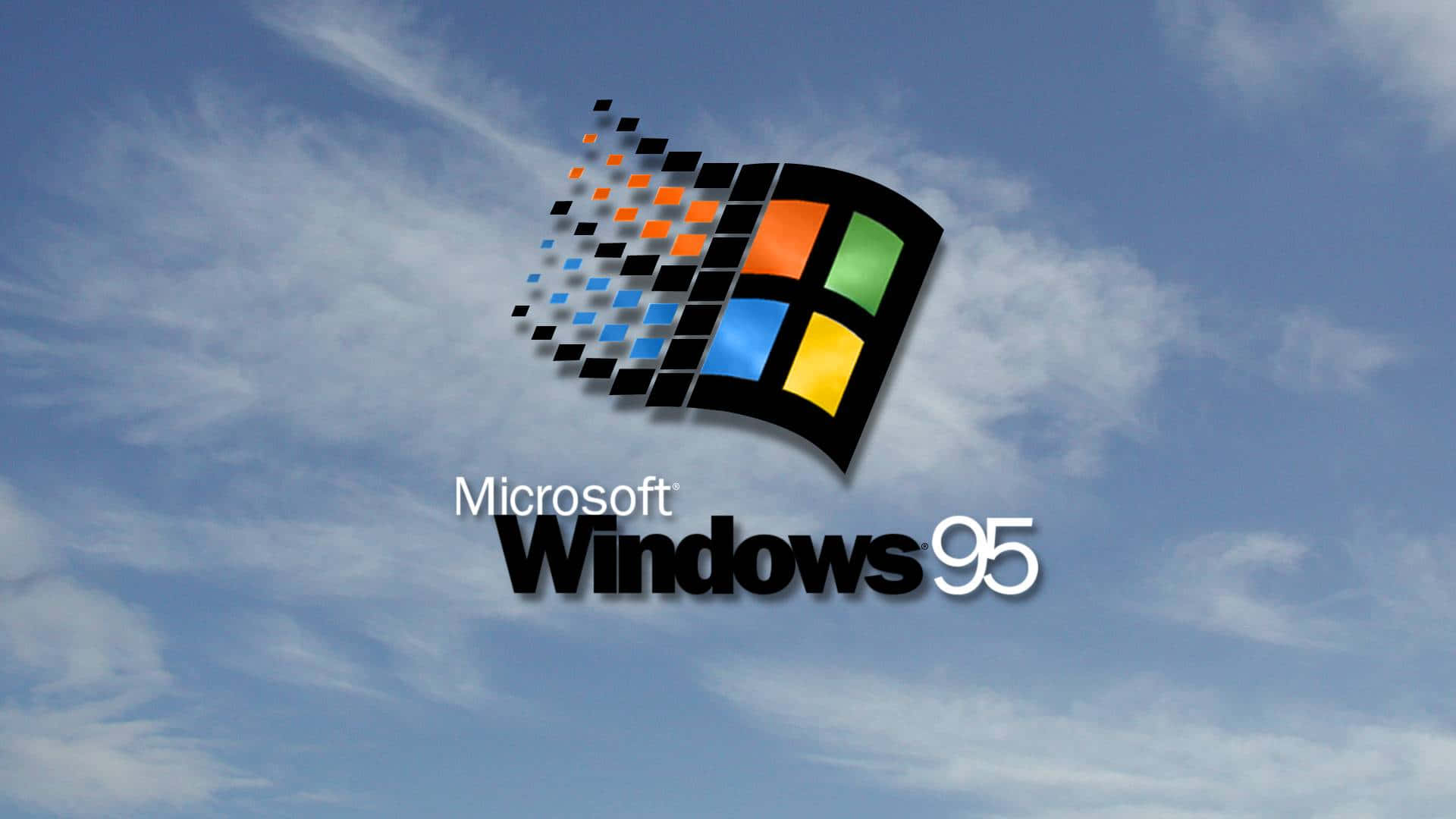 Windows 95 動態圖 桌布 壁紙 — 標誌性的 Windows 95 標誌，其色彩繽紛的像素化視窗設計，漂浮在明亮藍天和縷縷白雲中。