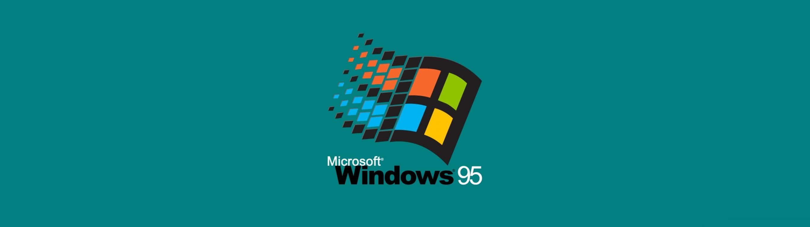 Windows 95 標誌，像素化視窗設計，青色背景 — 超寬 GIF 壁紙
