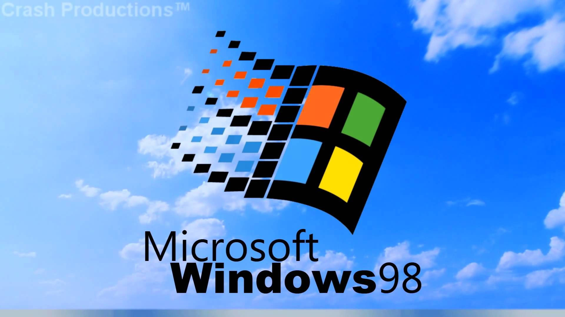 Windows 98 桌布 壁紙 — 標誌性的 Windows 98 標誌，採用色彩繽紛的四格設計和像素化軌跡，漂浮在藍天白雲之上。