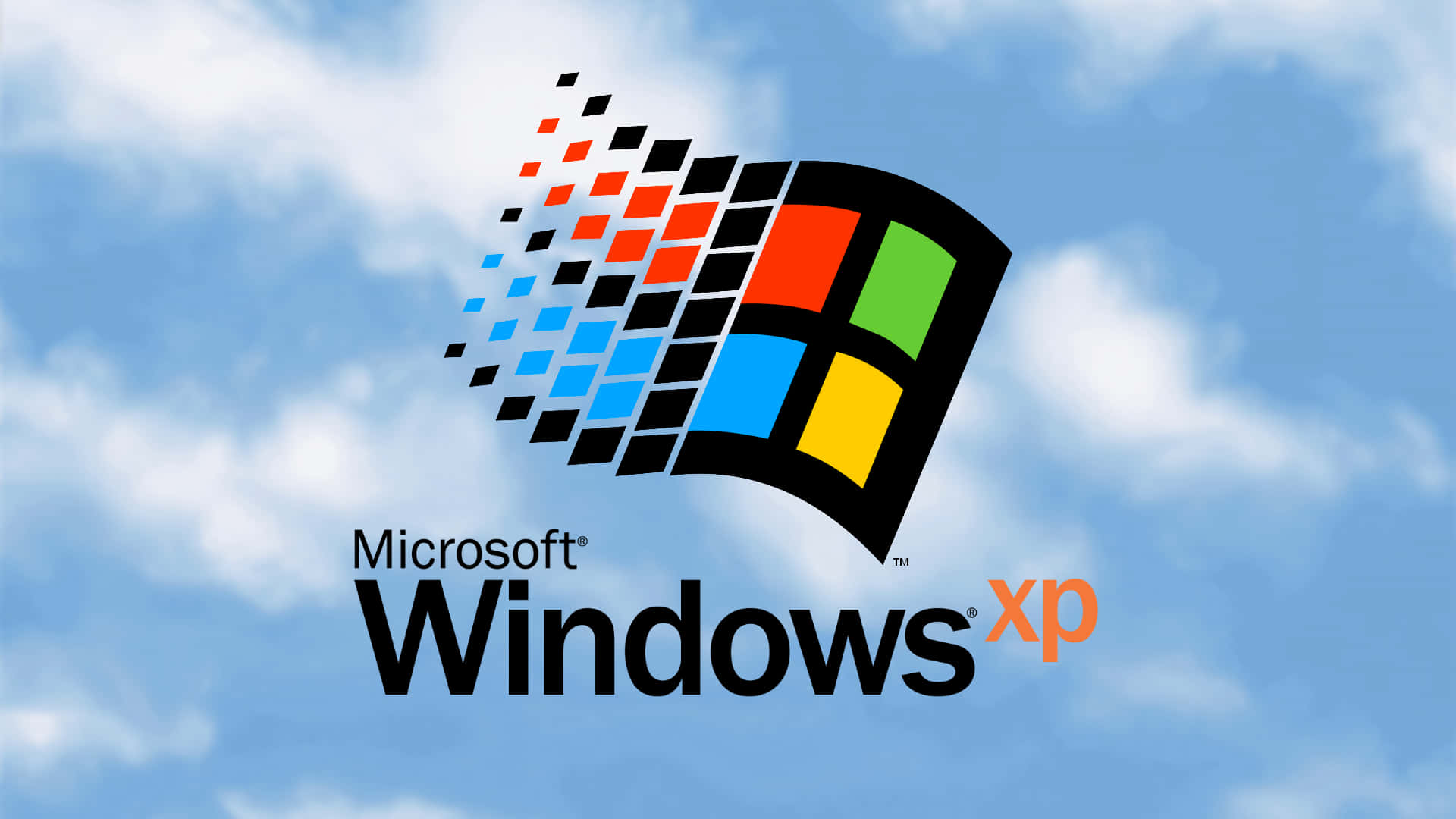 Windows Xp Logo 桌布 壁紙 — 標誌性的 Windows XP 標誌，其色彩繽紛的四窗格設計和像素化軌跡，漂浮在晴朗的藍天和蓬鬆的白雲之上。