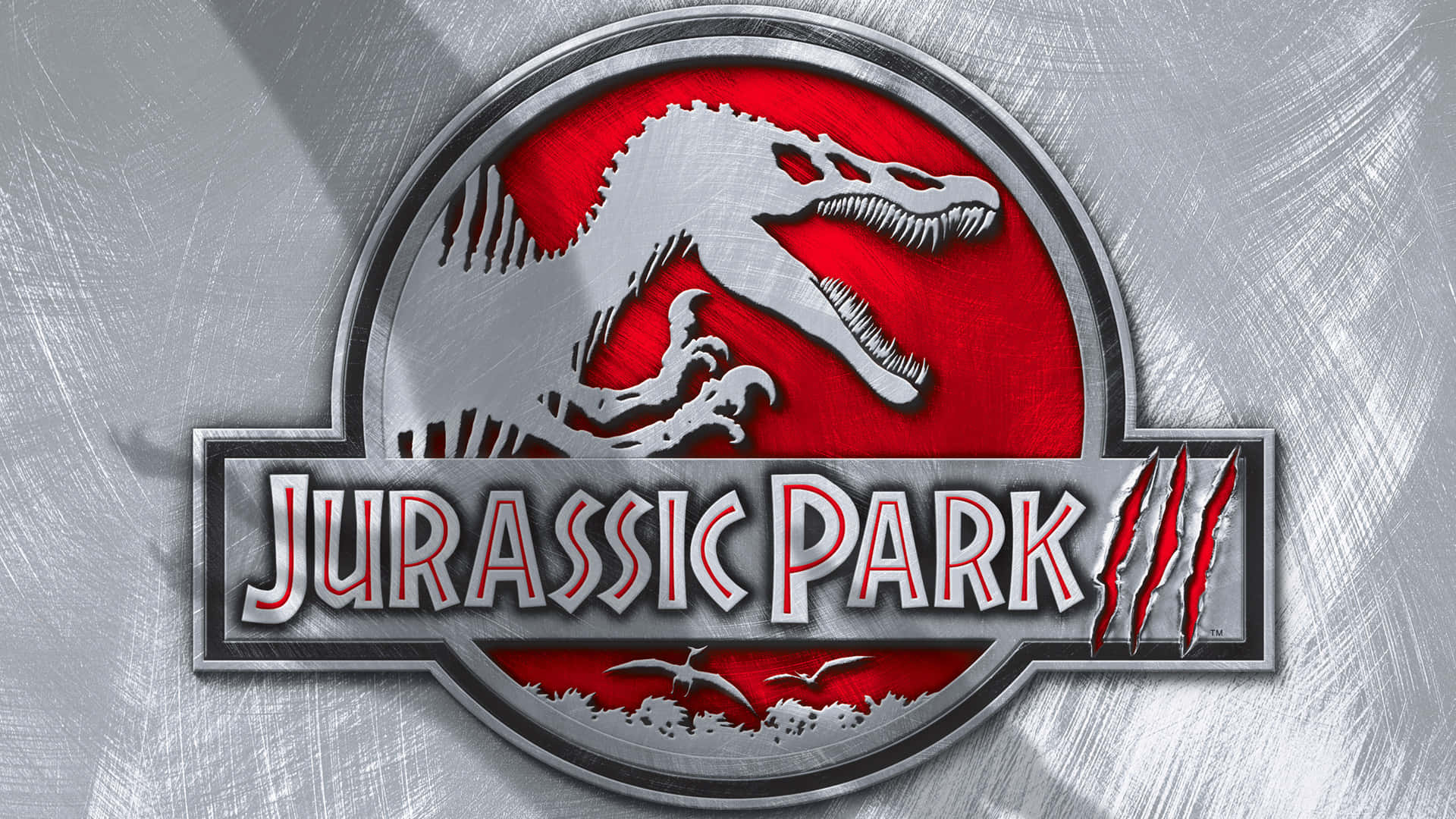 Jurassic Park Zoom 桌布 壁紙 — 標誌性的《侏羅紀公園III》標誌以紅色背景上的咆哮迅猛龍剪影、金屬銀色邊框和爪痕為特色。