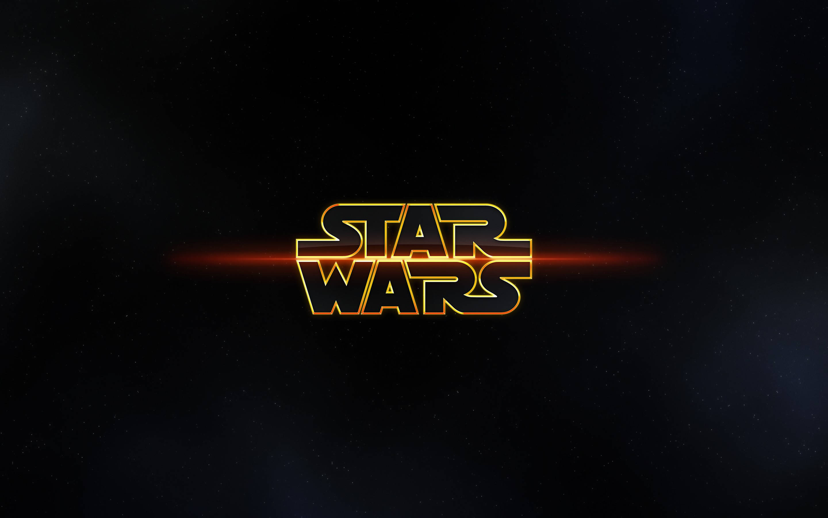 Star Wars Logo 桌布 壁紙 — 標誌性的《星際大戰》標誌在星光點點的黑色太空背景下以醒目的黃色發光，並帶有熾熱的水平鏡頭光暈。