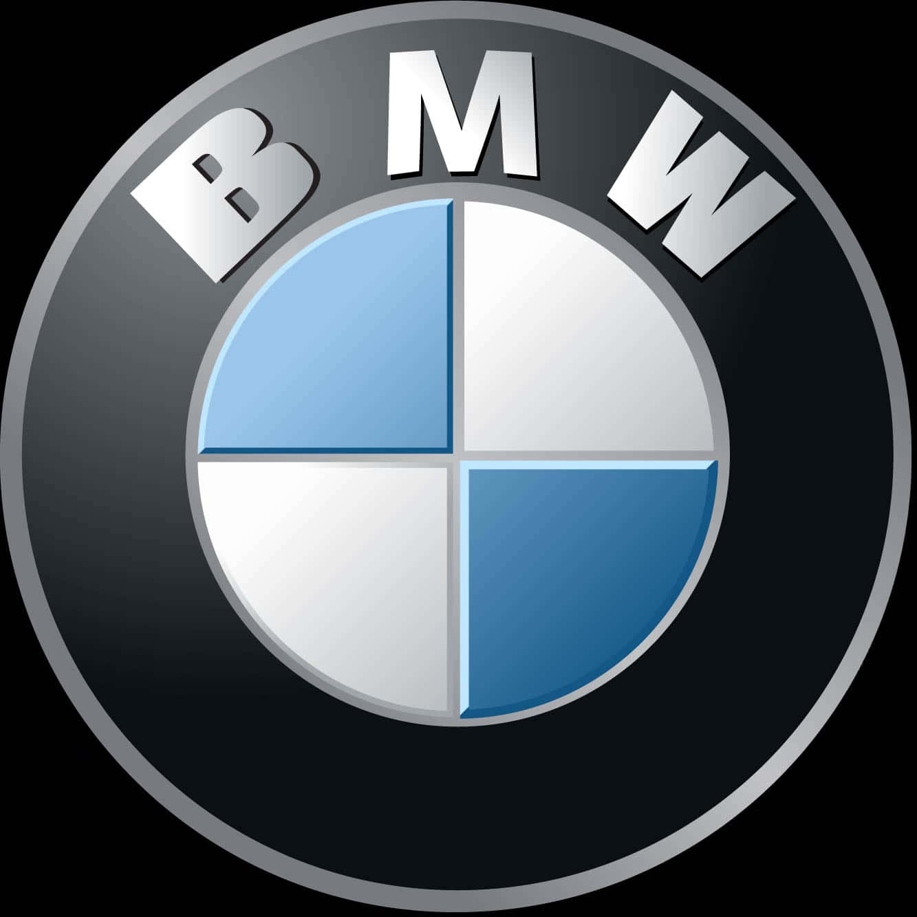 Bmw Logo 桌布 壁紙 — 標誌性的BMW標誌，在黑色圓形背景上帶有藍色和白色象限，並配有銀色飾邊。