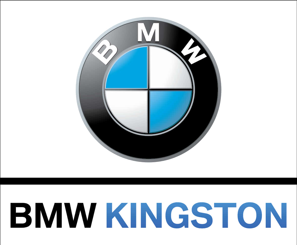 BMW 動圖 桌布 壁紙 — 標誌性的BMW標誌，帶有藍色和白色象限，位於乾淨白色背景上的BMW KINGSTON文字上方。