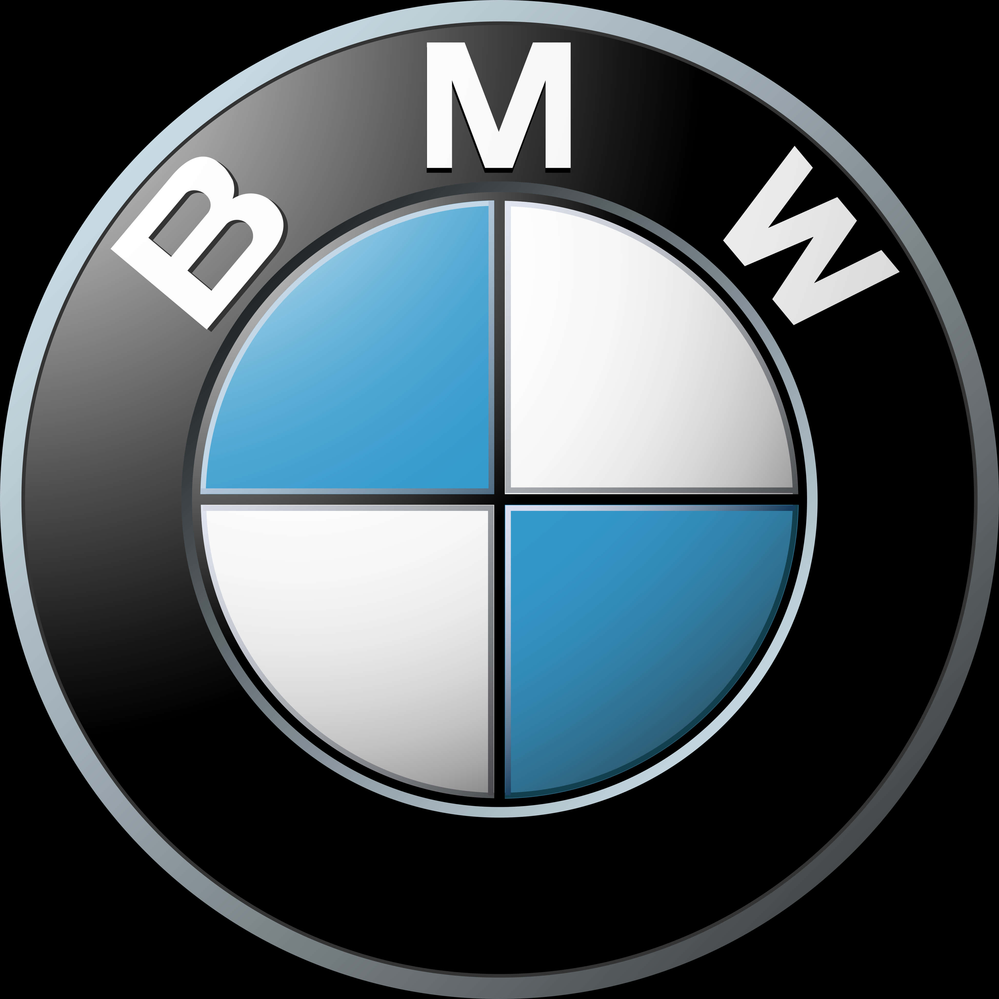 BMW 動圖 桌布 壁紙 — 標誌性的BMW標誌，黑色圓形背景上有藍色和白色的四分之一象限。