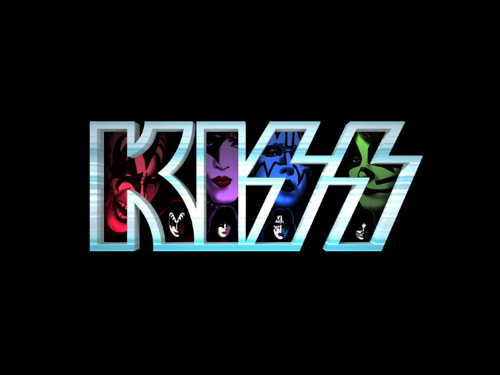 Rock 桌布 壁紙 — 標誌性的KISS樂隊標誌，四個成員的臉孔以標誌性化妝呈現於風格化字母內，背景為黑色。