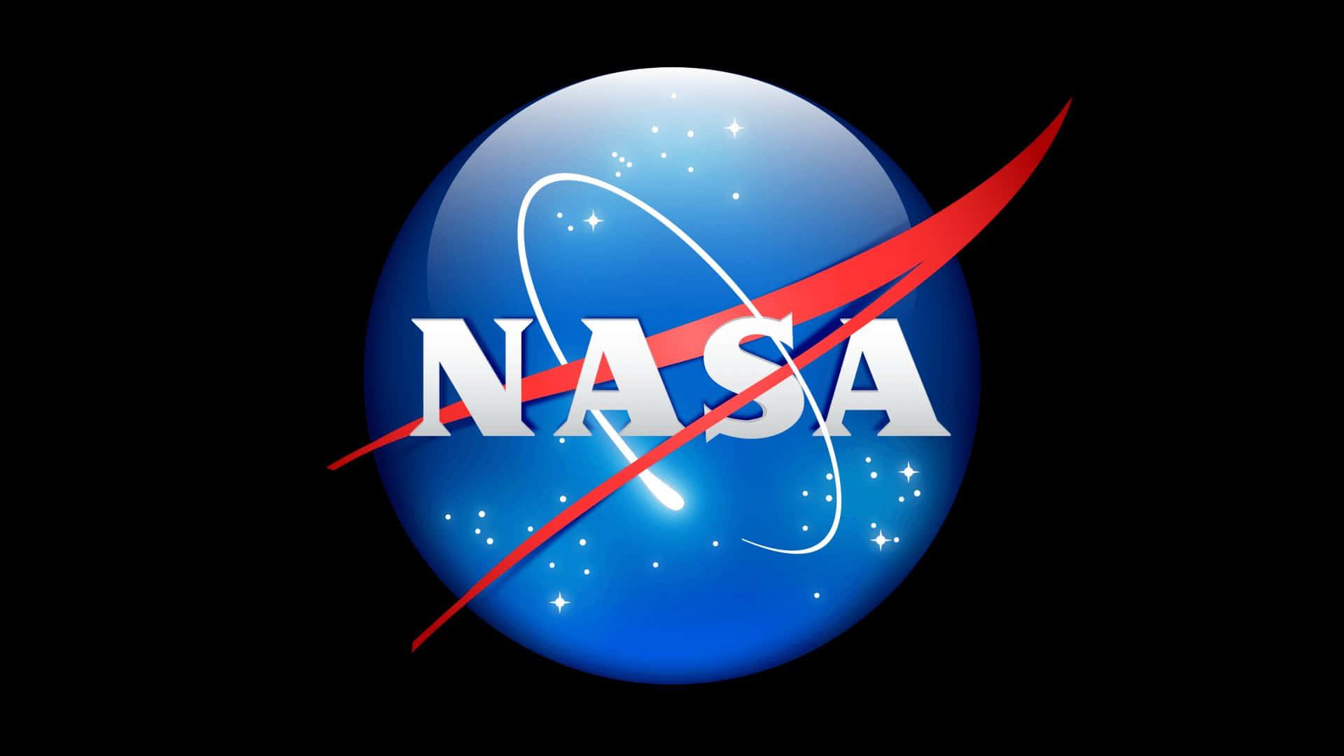 NASA 動態圖片 桌布 壁紙 — 標誌性的NASA標誌在點綴著星星的黑色虛空中閃耀著藍色球體和紅色弧線。