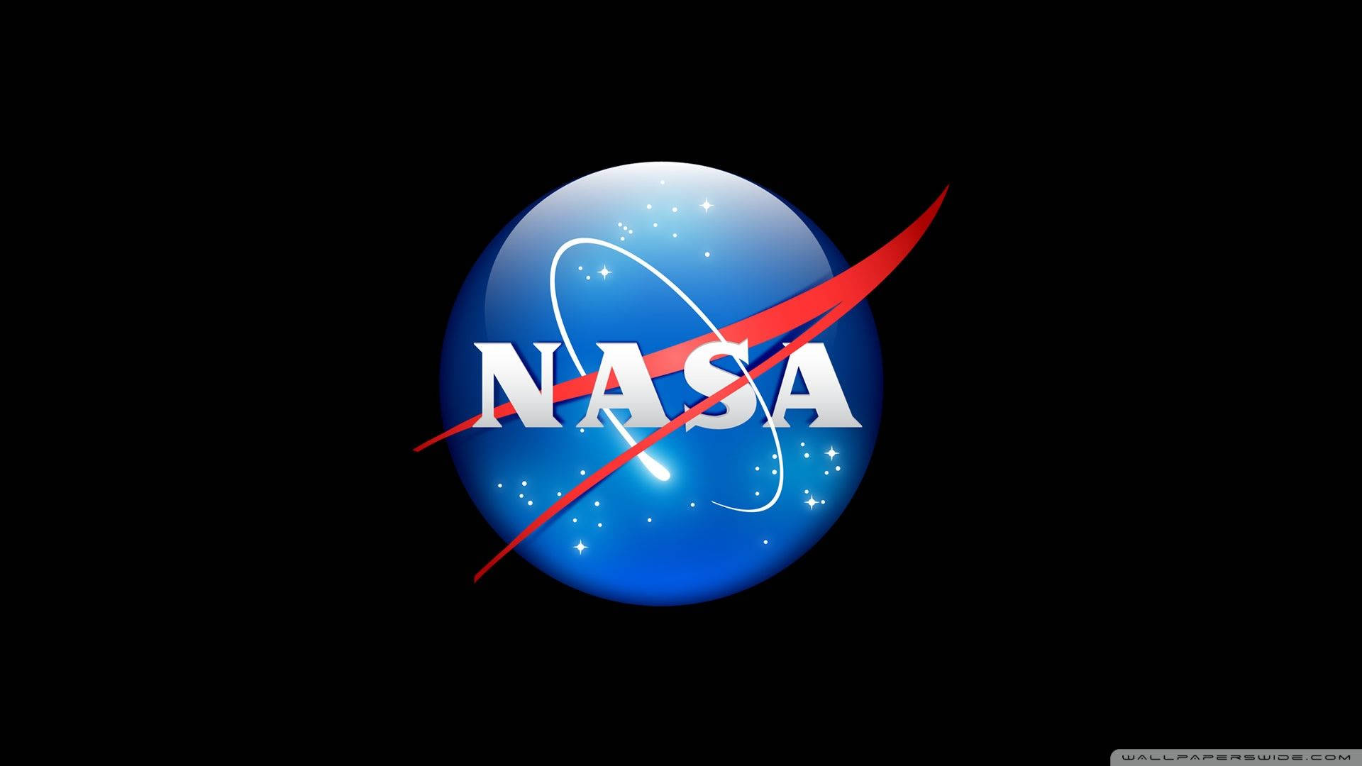 NASA 動態圖片 桌布 壁紙 — 標誌性的NASA標誌在點綴著星星的黑色虛空中閃耀著藍色球體和紅色弧線。