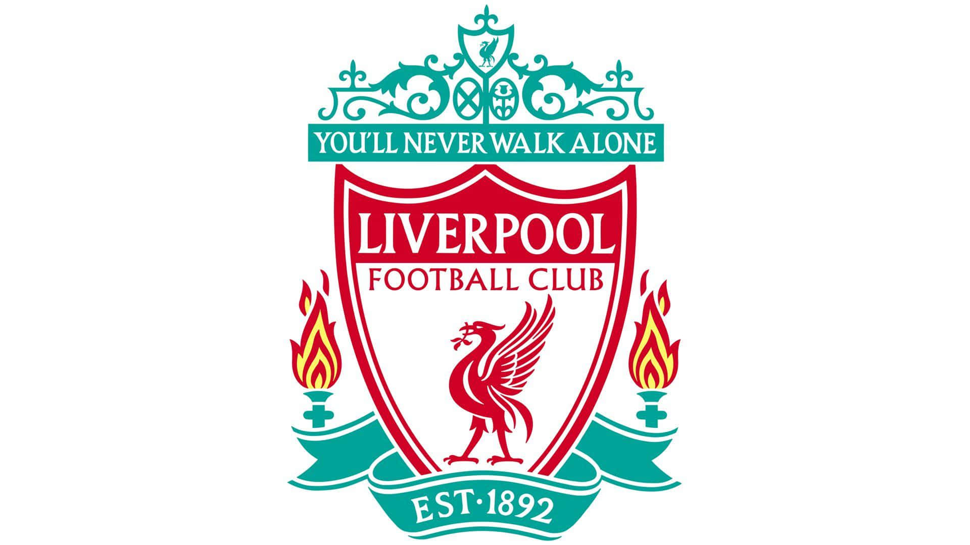 Liverpool Logo 桌布 壁紙 — 標誌性的利物浦足球俱樂部徽章以紅色利物鳥為中心，兩側有火焰和格言 you'll never walk alone。