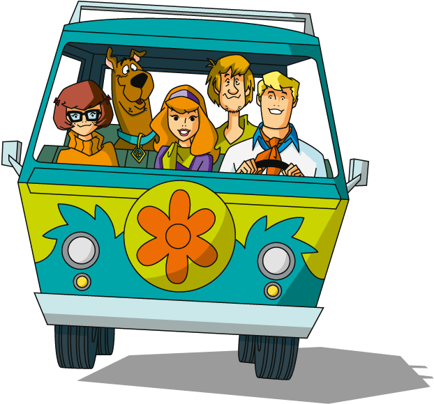 Scooby 桌布 壁紙 — 標誌性的史酷比幫派在他們青綠色和黃色的神秘機器廂型車前微笑。