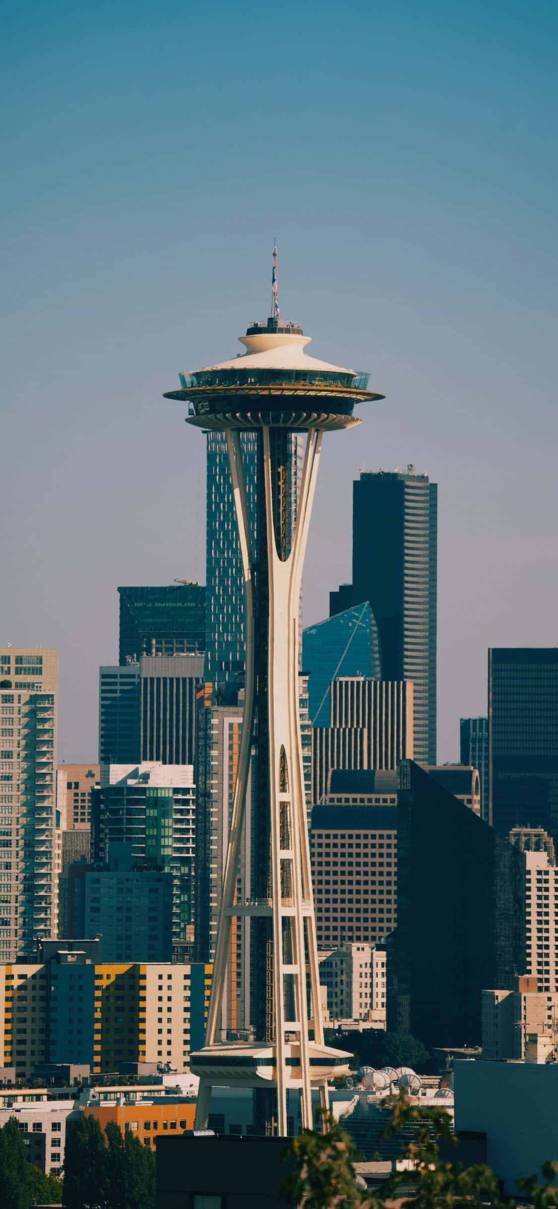iPhone X Seattle 桌布 壁紙 — 標誌性的太空針塔在晴朗的藍天下聳立於西雅圖的天際線之上，周圍環繞著現代摩天大樓。