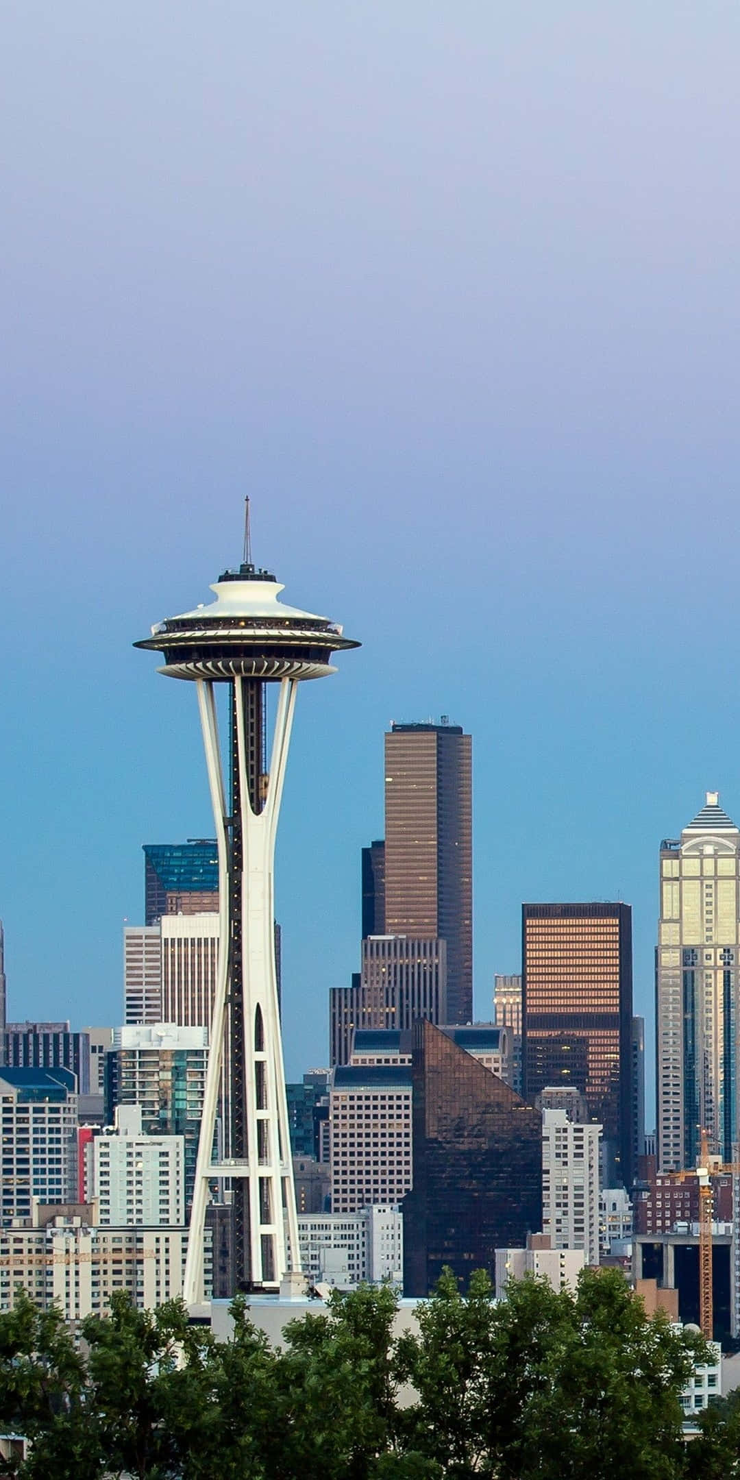 Pixel 3 Seattle 桌布 壁紙 — 標誌性的太空針塔在晴朗的藍天下高聳於西雅圖現代天際線之上，前景是茂密的綠色樹木。