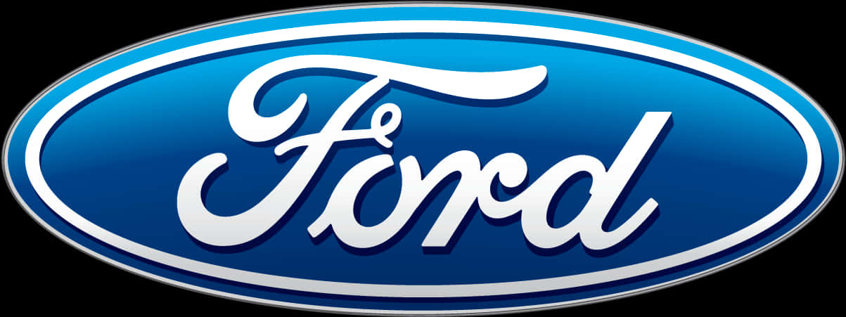 Ford Logo 桌布 壁紙 — 標誌性的福特標誌，藍色橢圓形上帶有白色草書文字，背景為黑色。