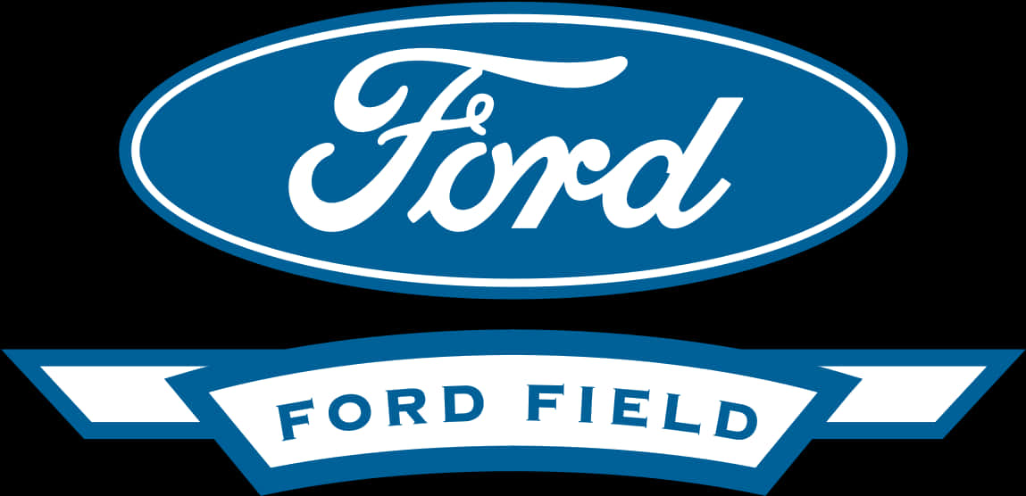Ford Logo 桌布 壁紙 — 標誌性的藍色橢圓形福特標誌，帶有白色字體，位於黑色背景上，上面寫著福特球場的藍白橫幅上方。