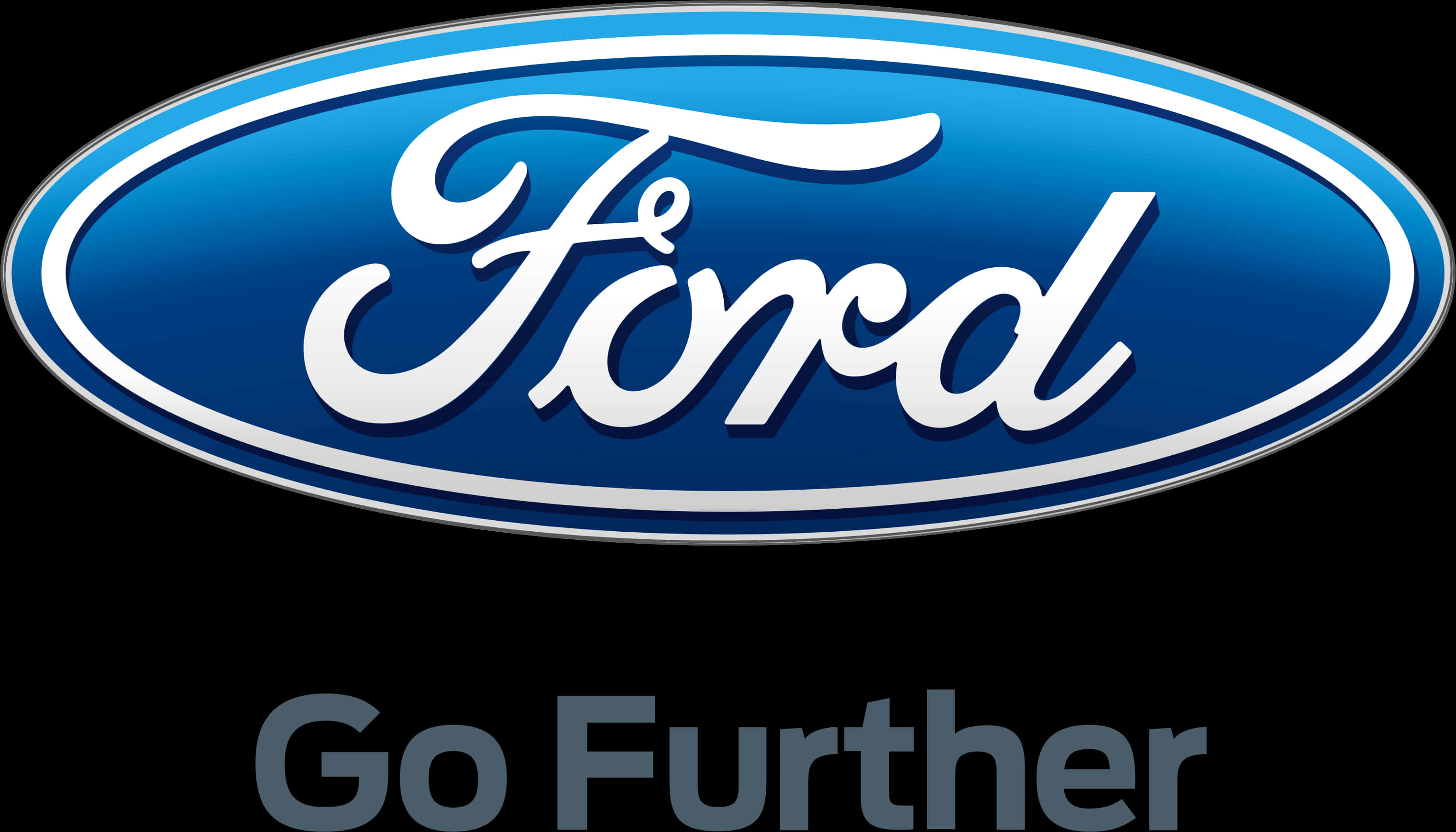 Ford Logo 桌布 壁紙 — 標誌性的藍色橢圓形福特標誌，帶有白色字體和「Go Further」口號，背景為黑色。