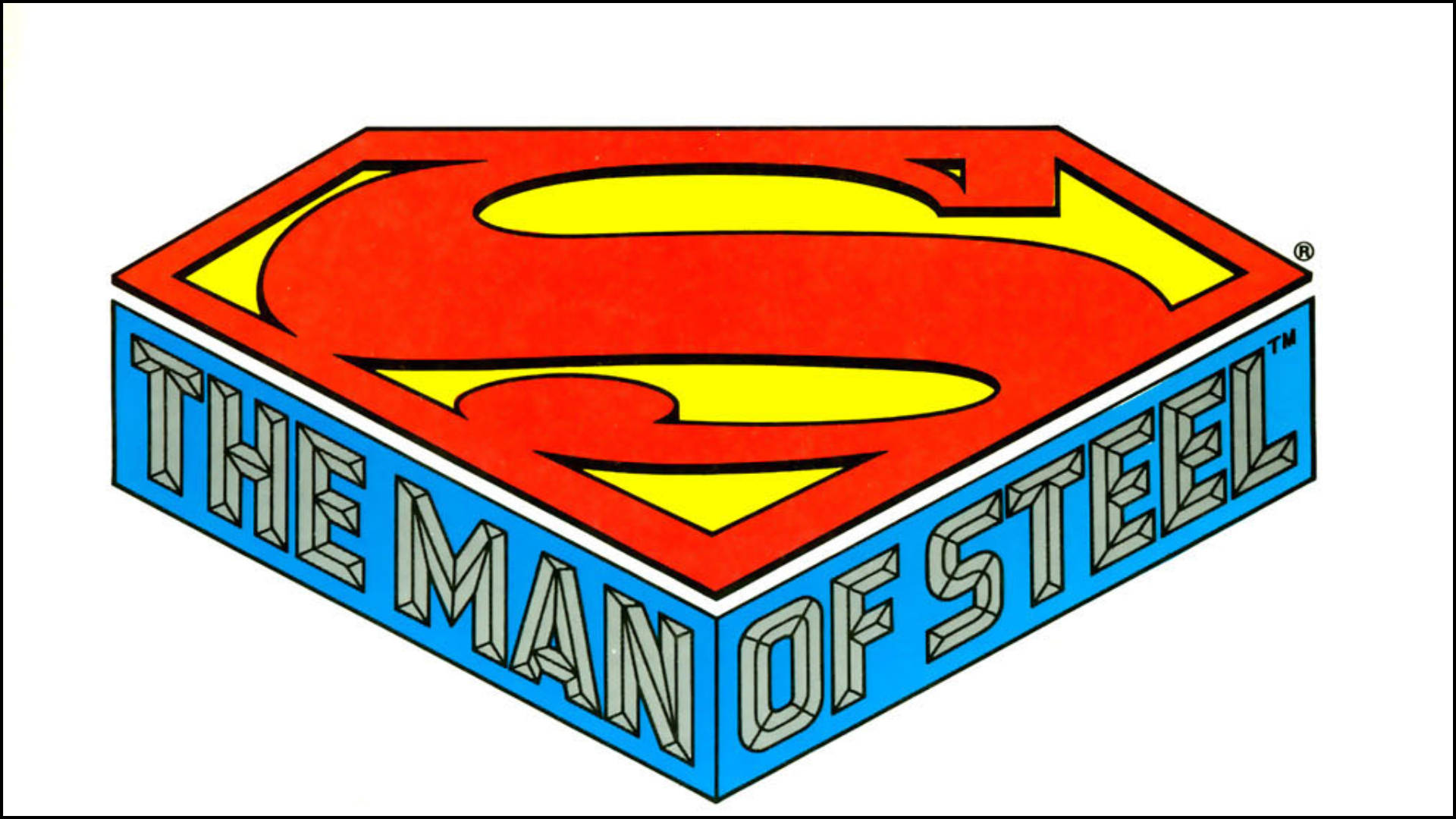 超人標誌，帶有「The Man of Steel」文字的3D方塊設計。 — 超人 GIF 壁紙