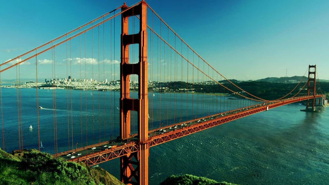 1366x768 San Francisco 桌布 壁紙 — 標誌性的金門大橋橫跨深藍色海灣，天空晴朗，遠處可見城市天際線。