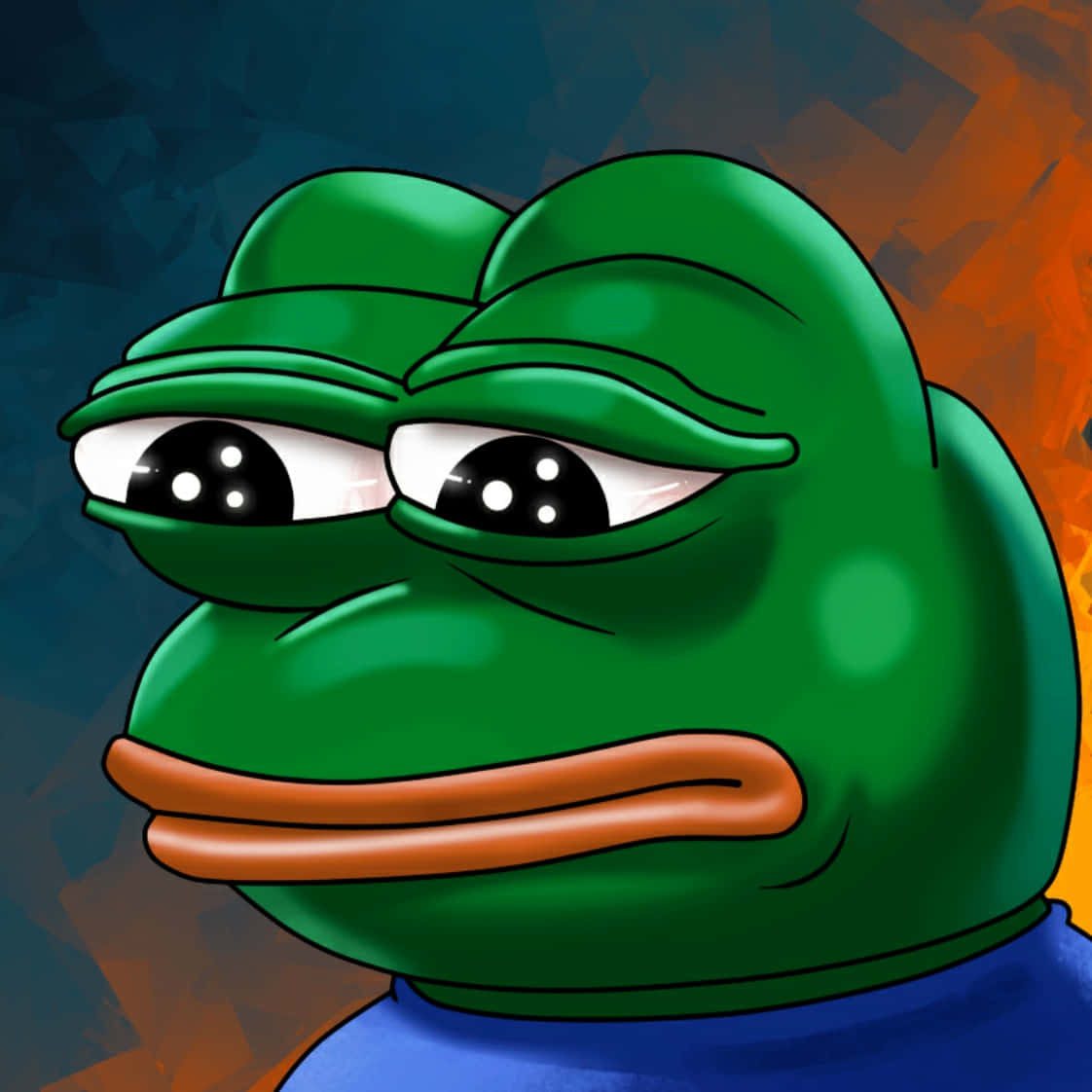 meme 桌布 壁紙 — 標誌性綠色青蛙 Pepe the Frog 的近距離特寫，表情無聊，背景為深藍色和橙色的抽象圖案。