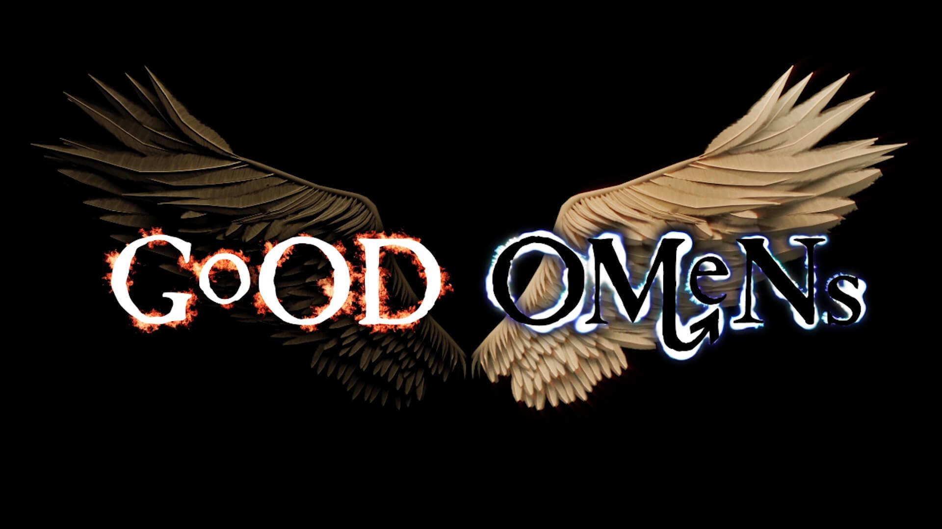 Good Omens 桌布 壁紙 — 標題「Good Omens」在黑色背景上以火紅和冰藍的翅膀發光。