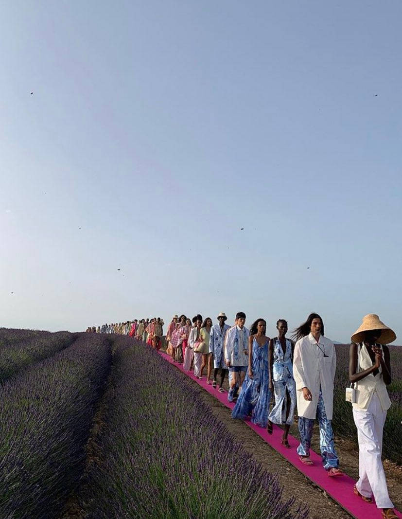 Fashion Model 桌布 壁紙 — 模特兒在晴朗的藍天下，穿過無盡的紫色薰衣草，走在充滿活力的粉紅色跑道上。