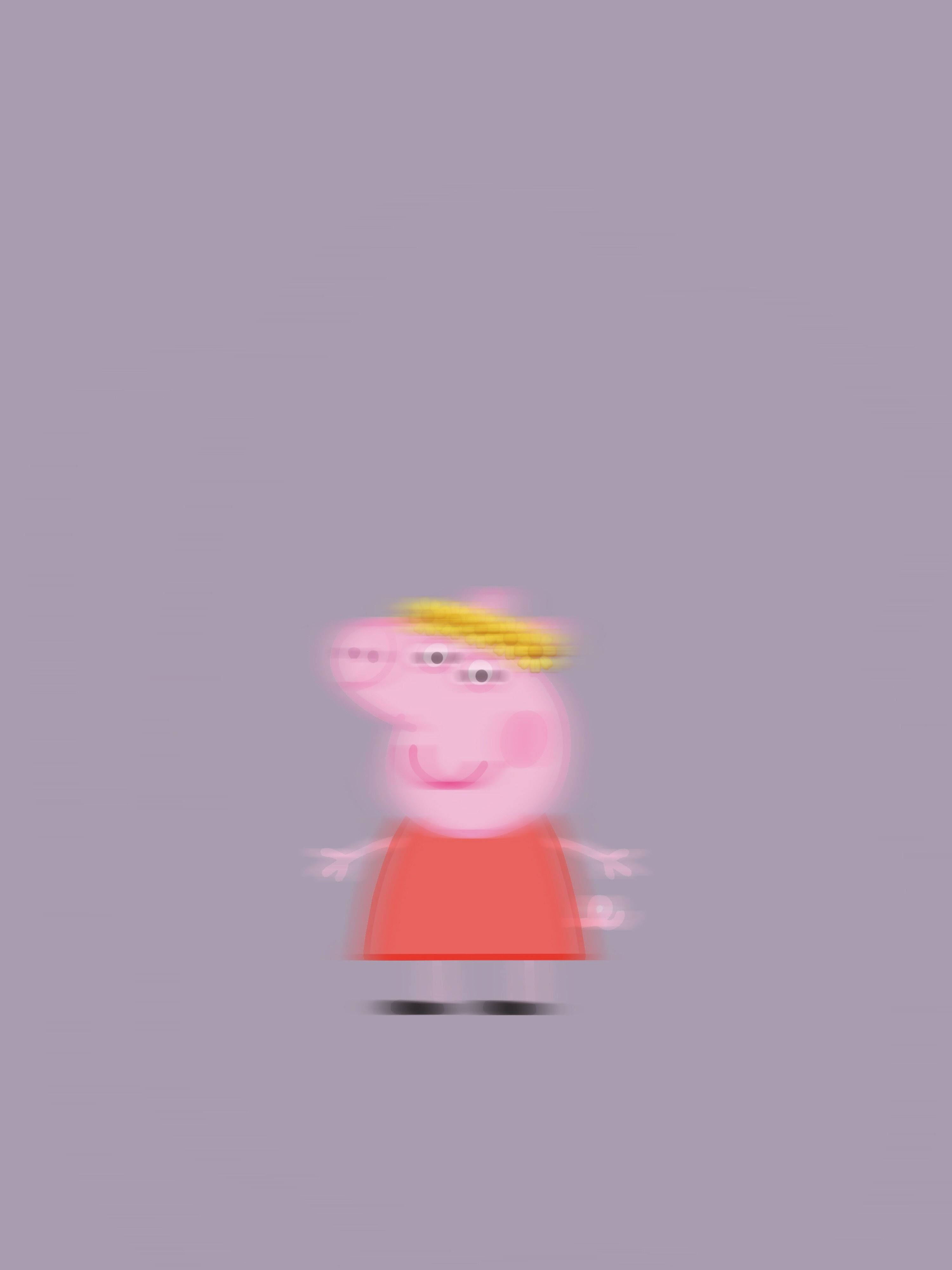 peppa pig iPhone 桌布 壁紙 — 模糊的卡通豬角色，黃色頭髮和紅色連衣裙，站在純色薰衣草背景前。